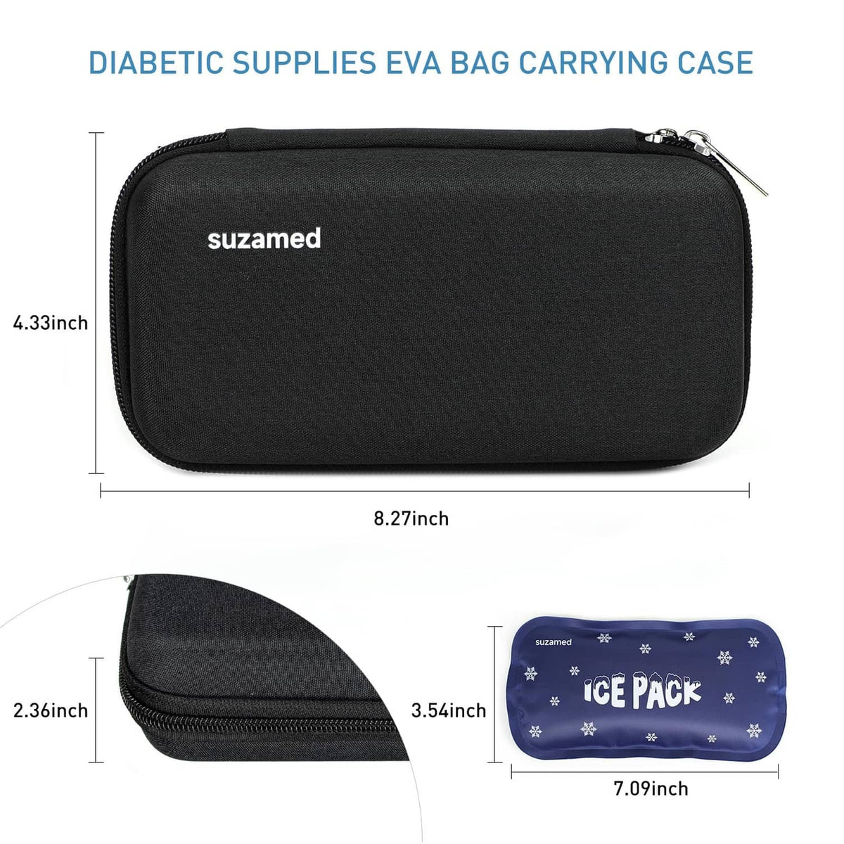Black EVA insulin cooler carrying case with zipper and suzamed logo.