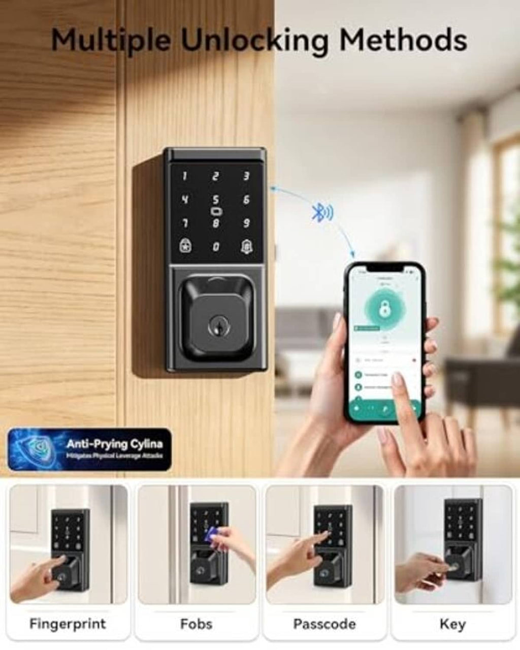 Keyless smart deadbolt lock with keypad and fingerprint reader mounted on door