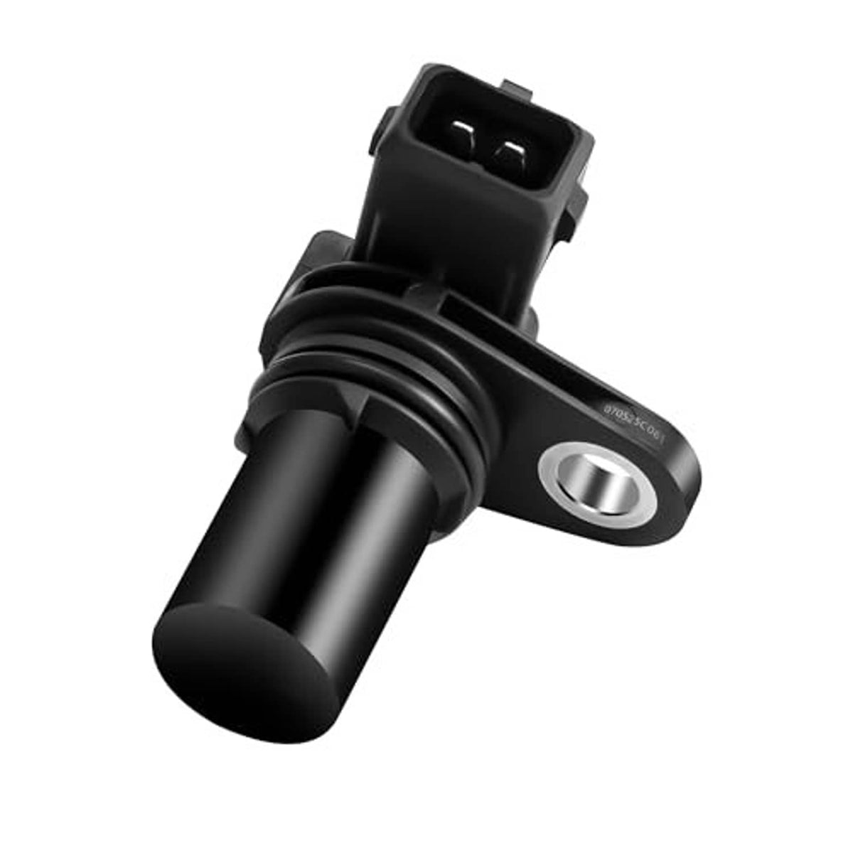 Black camshaft position sensor with connector plug and silver mounting ear