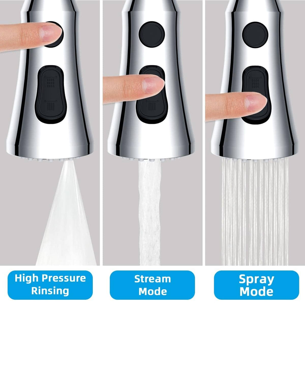 Chrome faucet spray head with black switch and three water spray modes