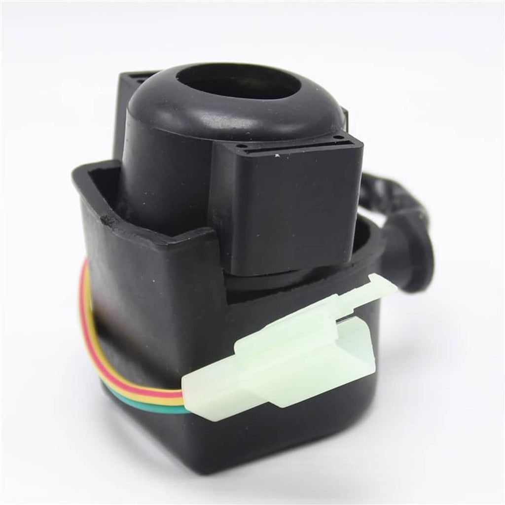 Black solenoid starter relay with two screw terminals and white multi-pin connector