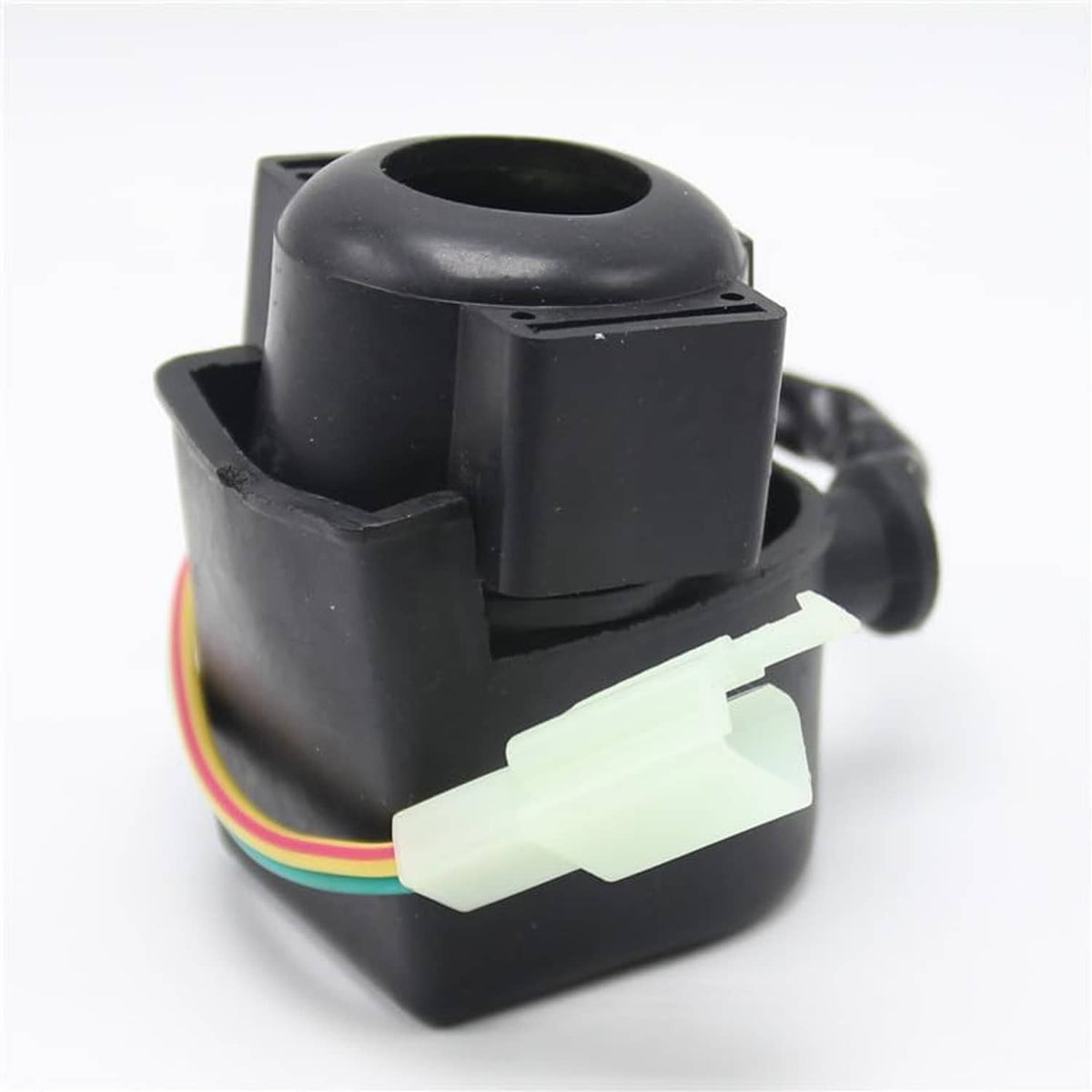 Black solenoid starter relay with two screw terminals and white multi-pin connector