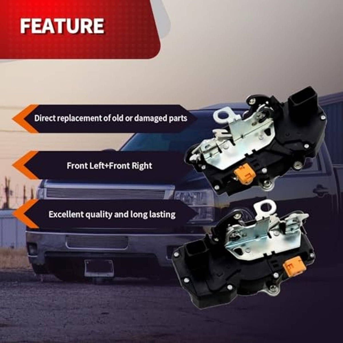 Two front door lock actuators shown over a vehicle front, with orange electrical connectors
