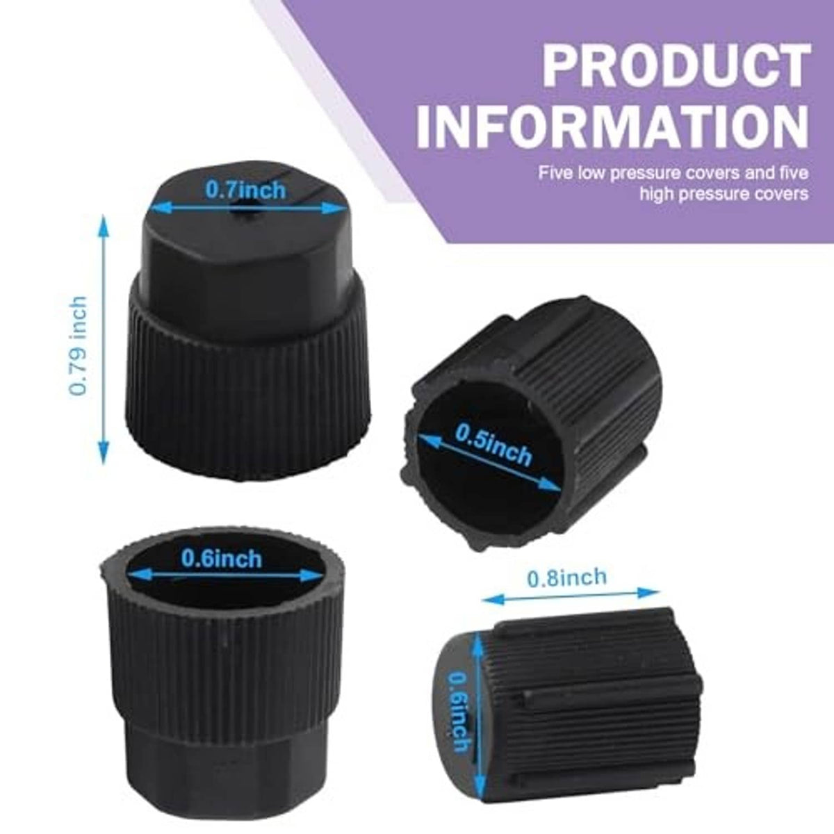 Black ribbed AC valve caps set with size markings on three cap views