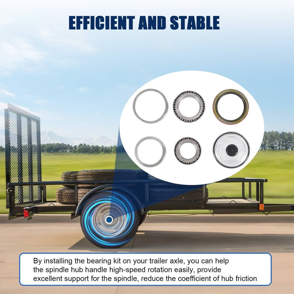 Trailer bearing kit set laid out: seals, bearings, and oil cap