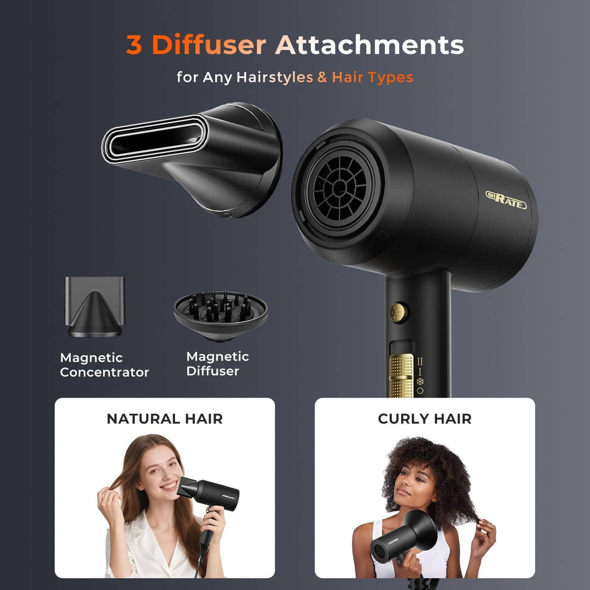 Black SHRATE hair dryer with three magnetic diffuser attachments and concentrator