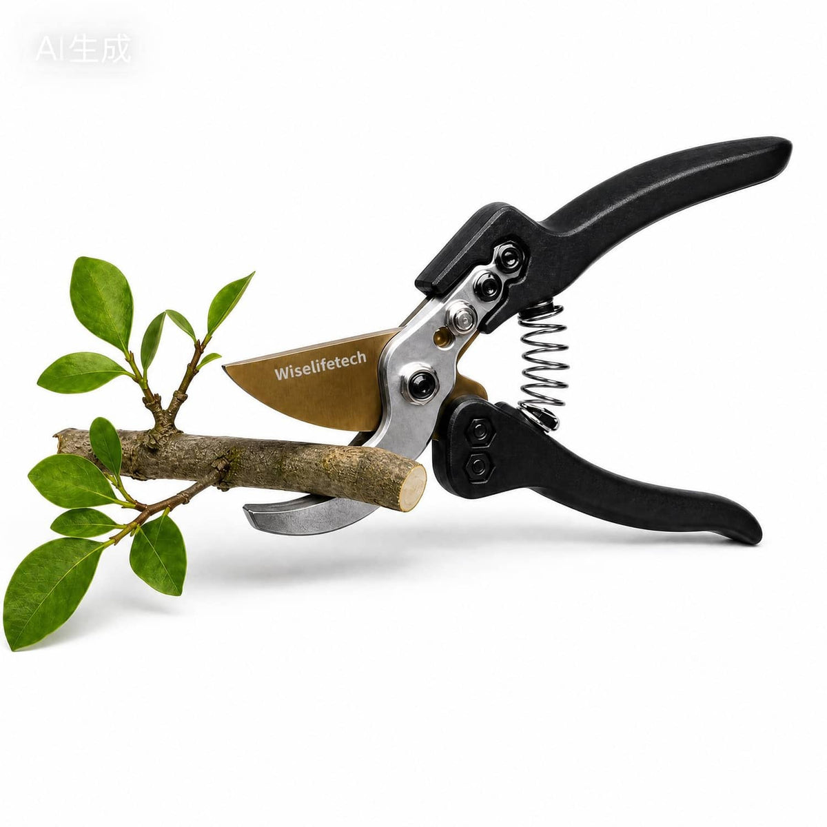 Bypass pruning shears with black handles, silver blades, and a cut twig