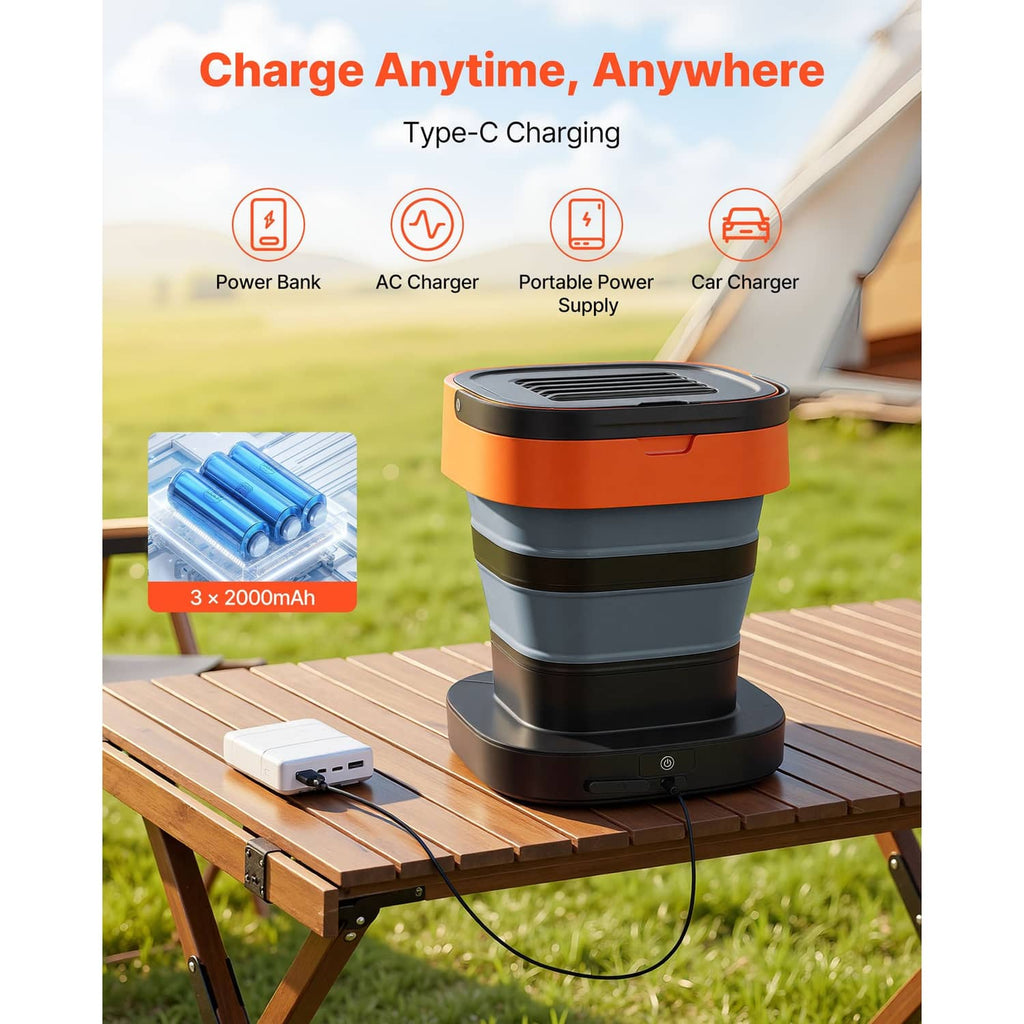 Portable cordless pressure washer on a table with Type-C charger and coiled cable