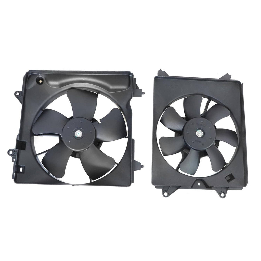 AC condenser radiator cooling fan assembly with two black side-profile electric fans
