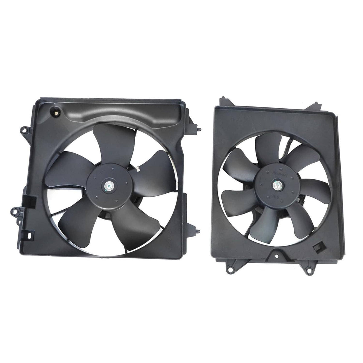 AC condenser radiator cooling fan assembly with two black side-profile electric fans
