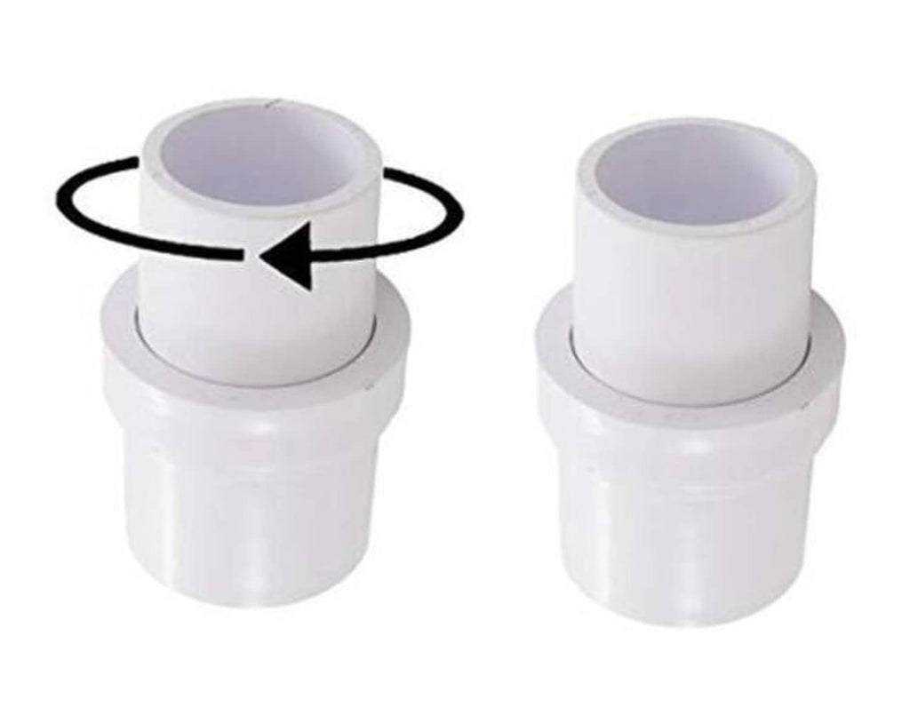 White pool vacuum swivel adapter connector with two hose ports, angled view.