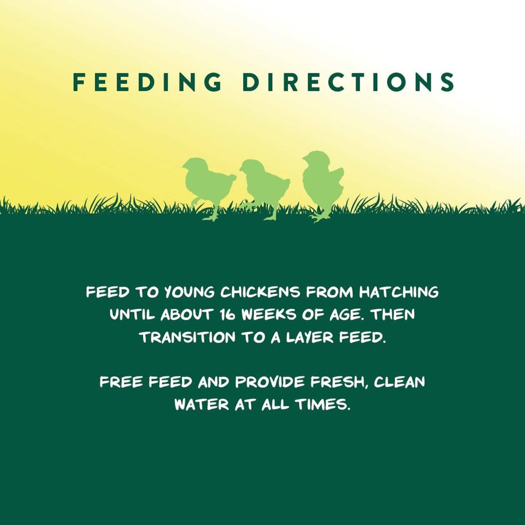 Feeding directions graphic: feed to young chicks from hatching until about 16 weeks, then transition