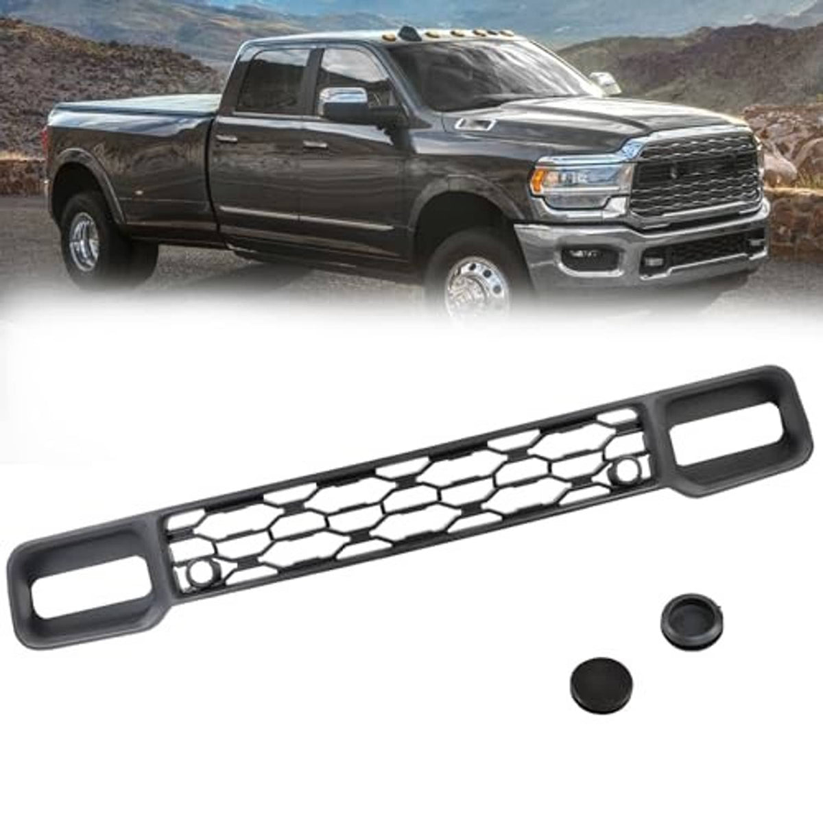 Front bumper lower grille insert, black honeycomb mesh with two side rectangles and caps