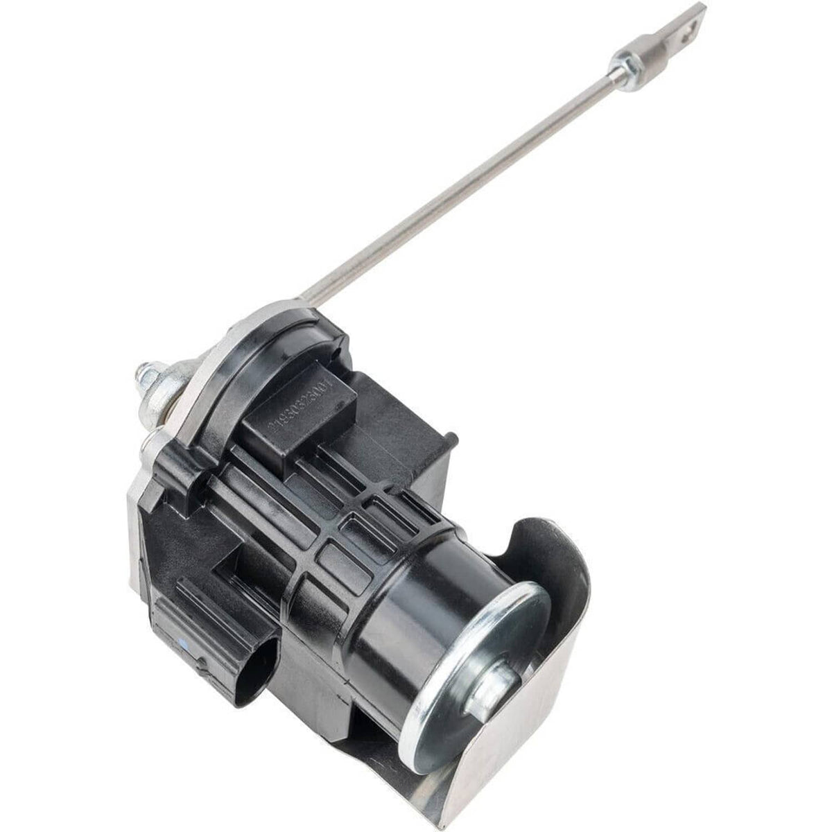 Turbo wastegate actuator with black housing, round metal end, and mounting bracket