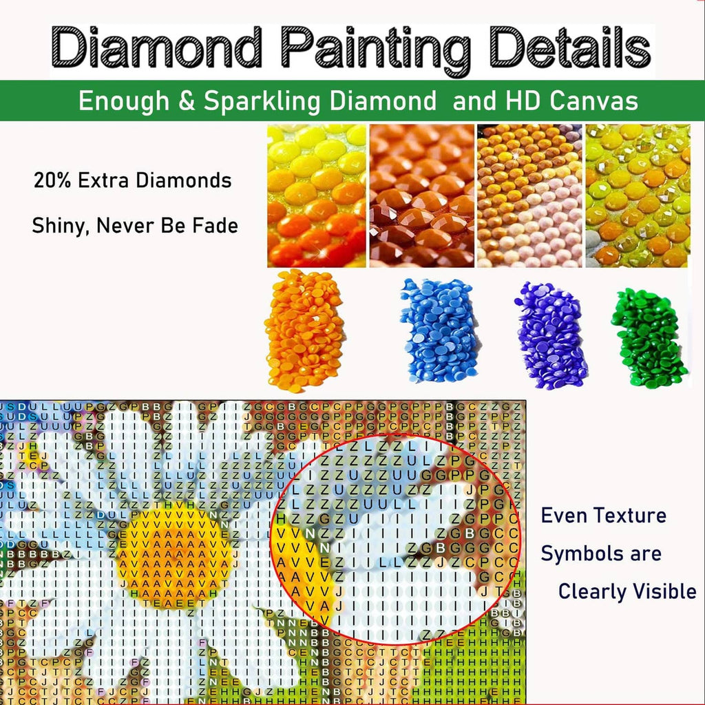 Diamond painting details showing colorful drills and textured symbol canvas