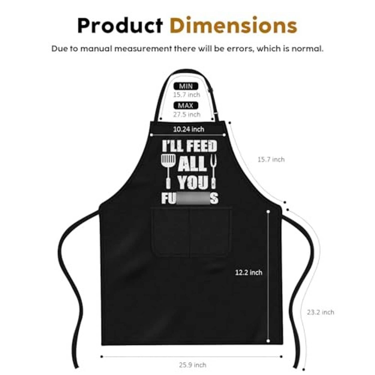 Black apron product dimensions graphic with 'I'll feed all you' text