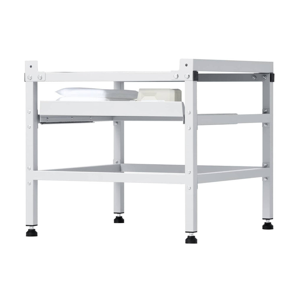 White metal laundry machine base stand with dual trays and adjustable leveling feet