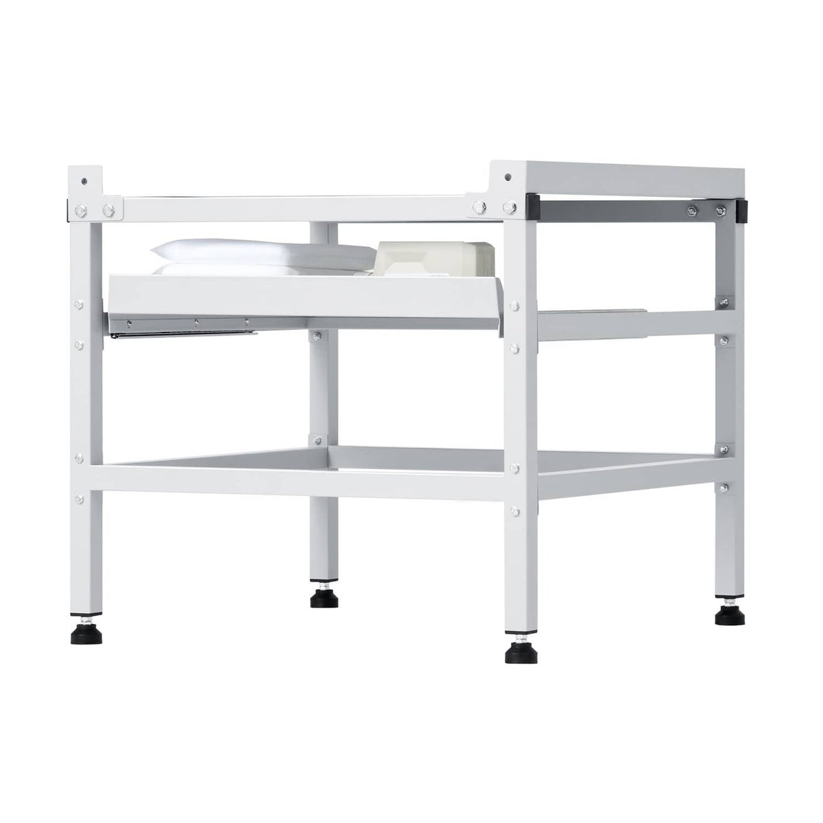 White metal laundry machine base stand with dual trays and adjustable leveling feet