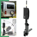 RV spare tire carrier mount with two-piece bracket and upright steel arm, black finish