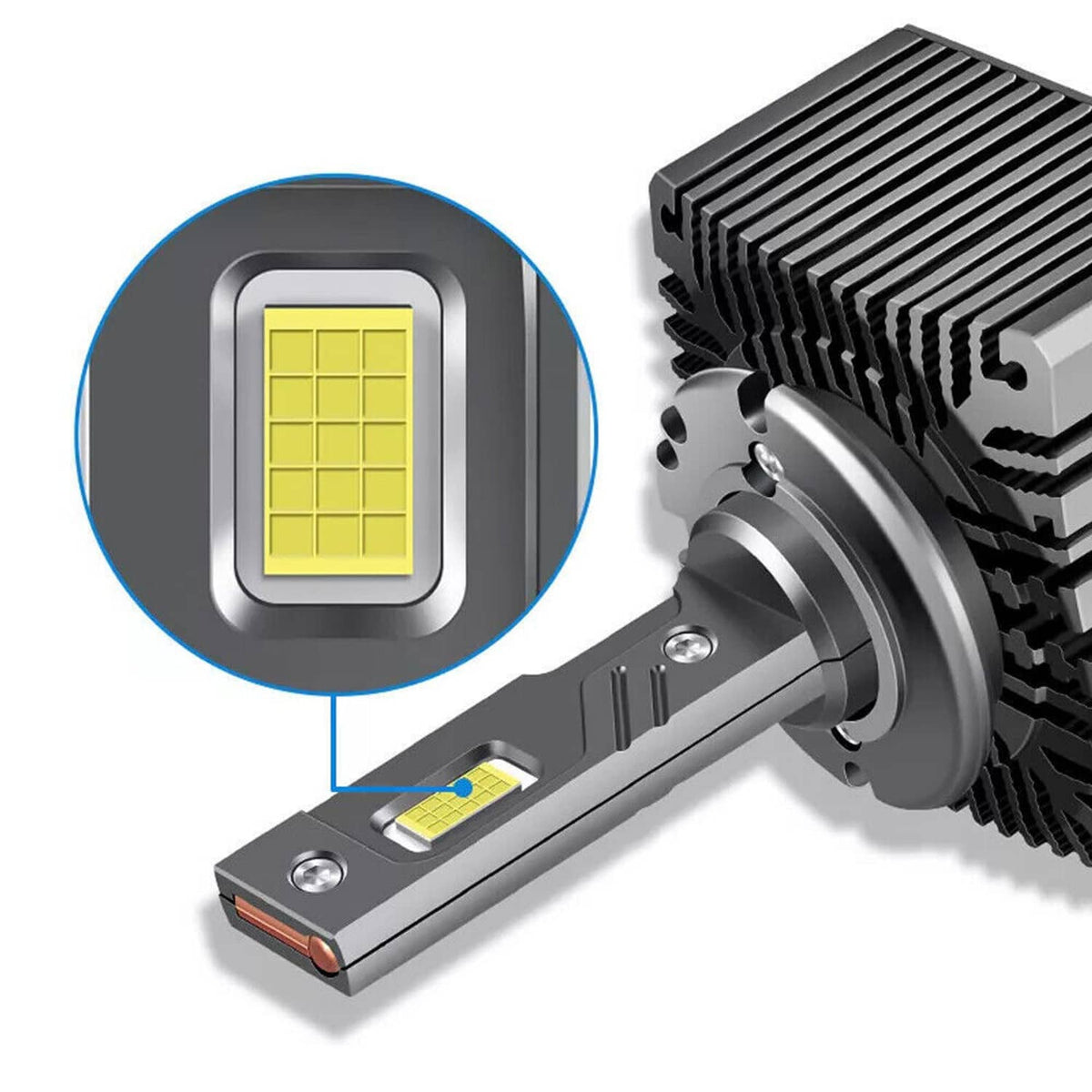 LED headlight bulb with square yellow LED chip close-up on black heatsink