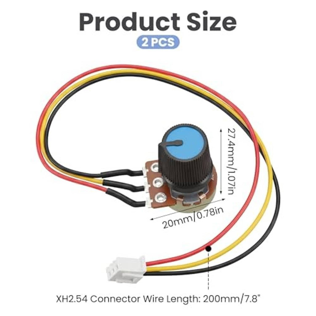 Rotary potentiometer with blue knob and multicolor lead wires, front view