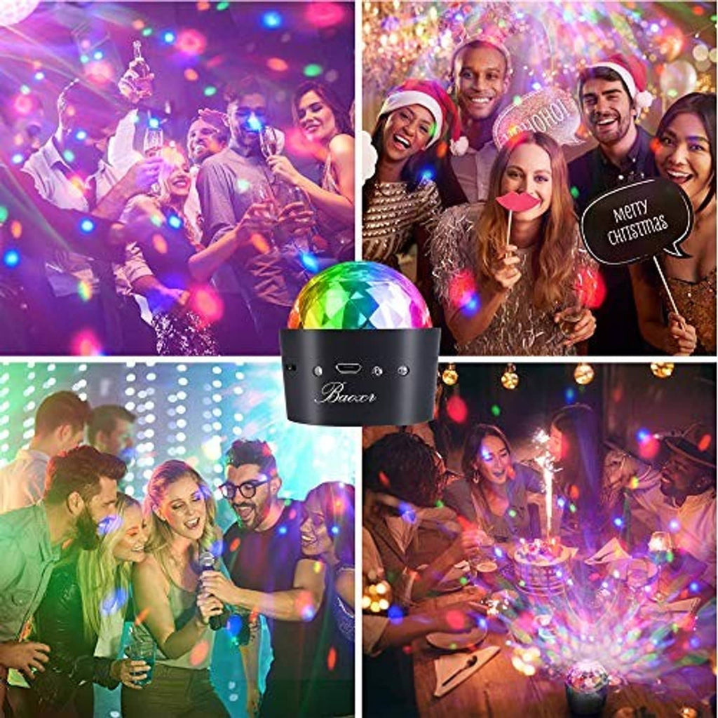 Mini disco light projecting multicolor reflections with a rainbow dome on a black base