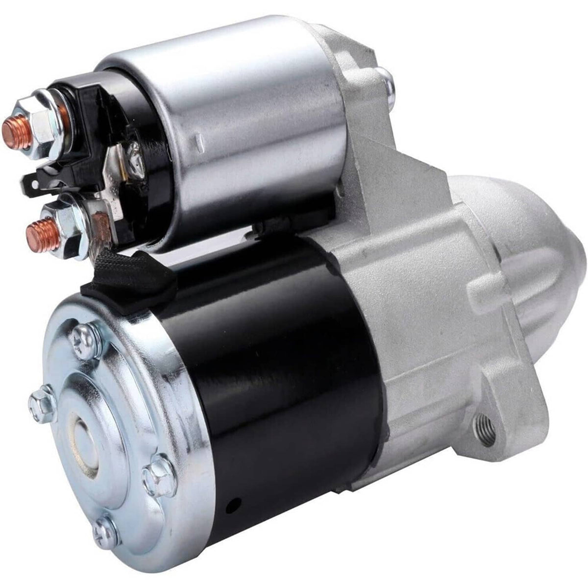 Silver and black starter motor with exposed terminals and round rear cover