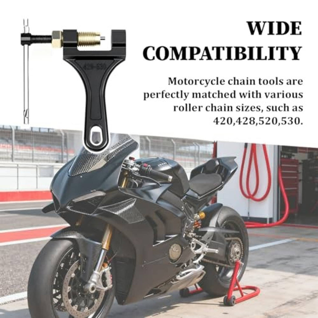 Motorcycle chain breaker tool used on a sport bike near a work stand