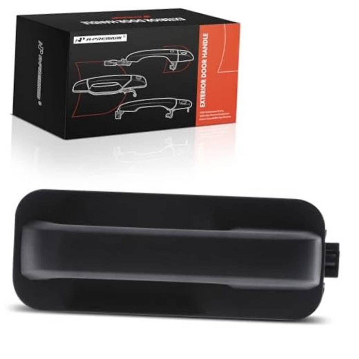 Black exterior door handle with textured grip, packaged for front or rear passenger side