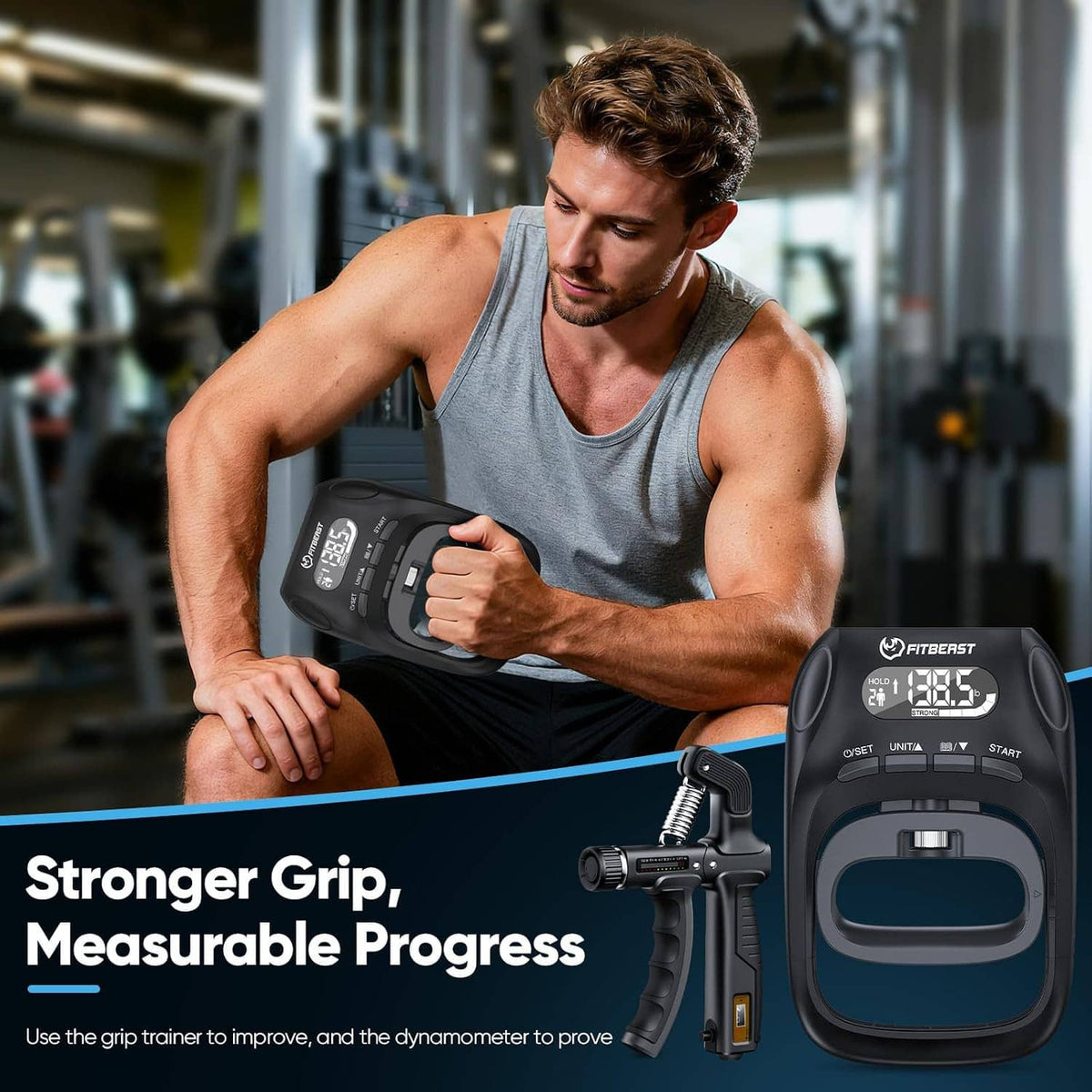 Man using a digital grip strength tester during strength training