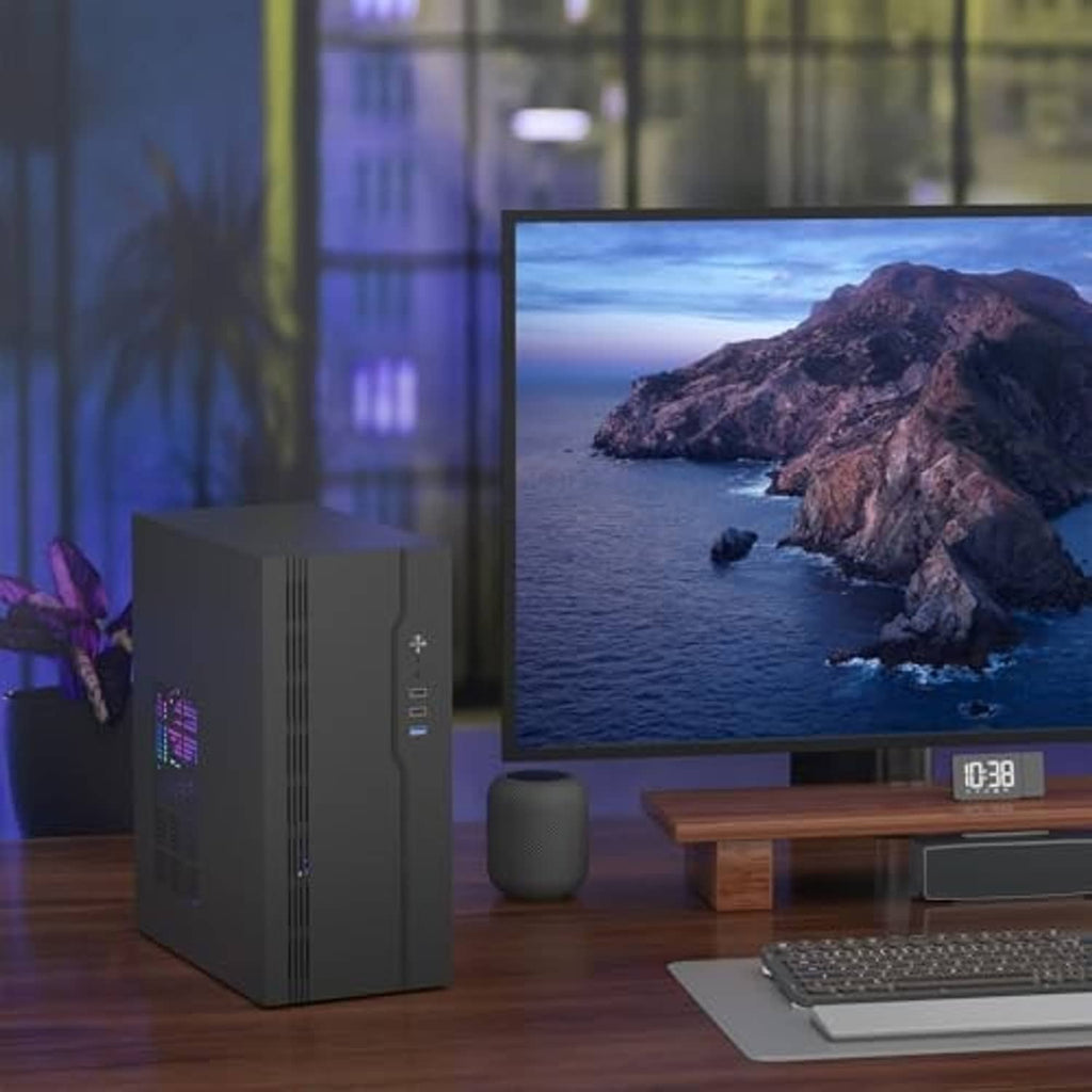 Black compact desktop PC case with right-side I/O panel