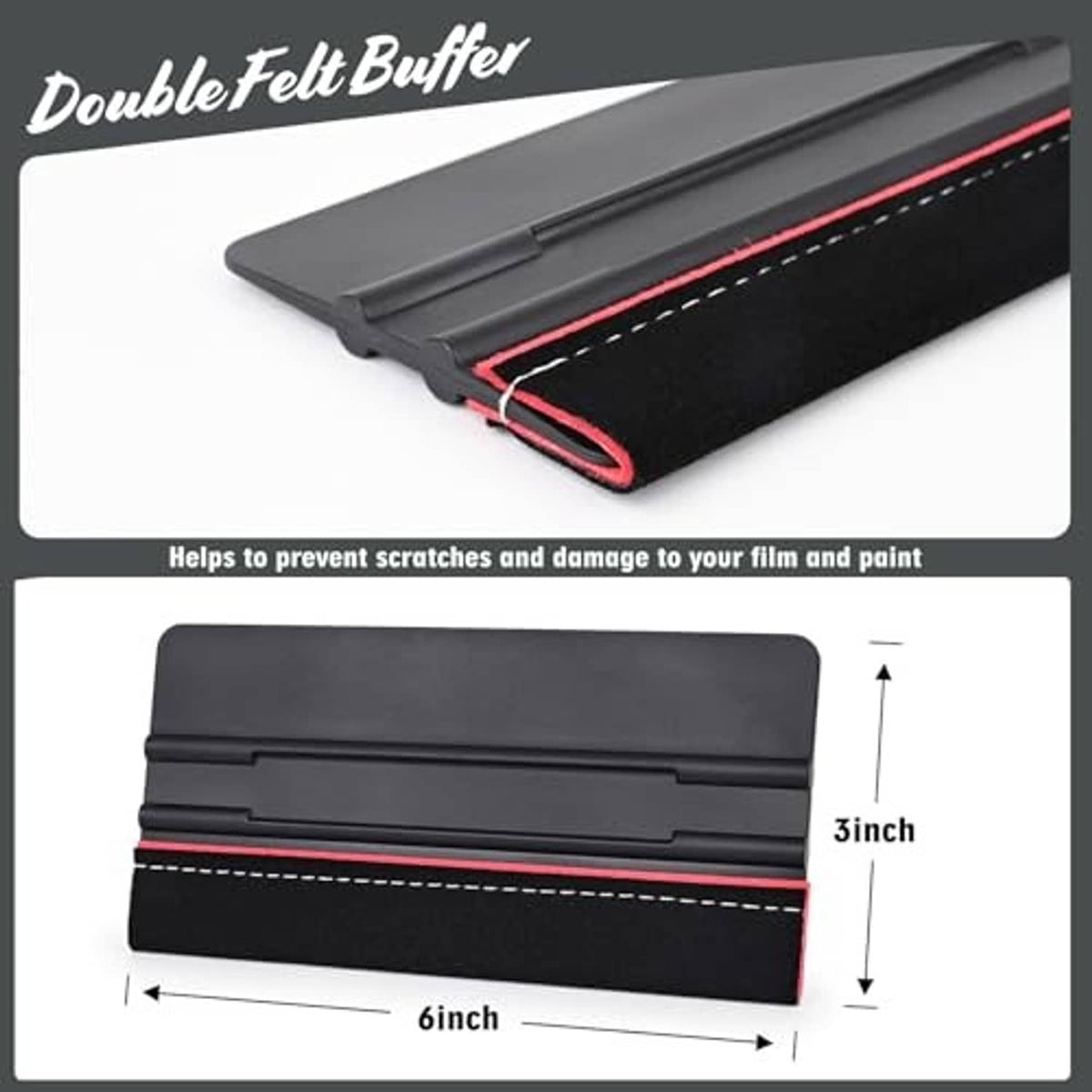 Black 6-inch squeegee with double-felt buffer and red stitched edge seam detail