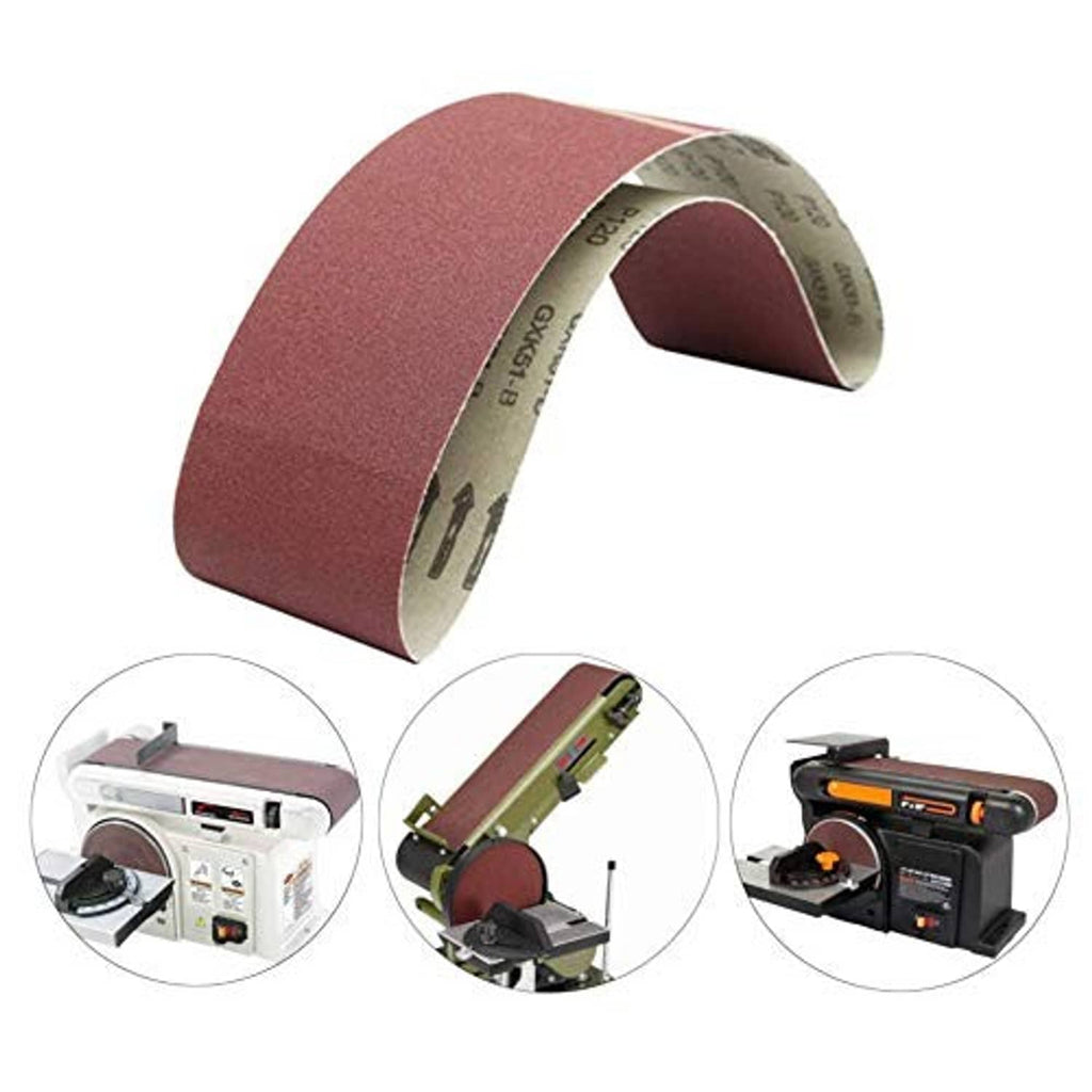 Maroon sanding belt roll, curved with exposed backing and grit markings