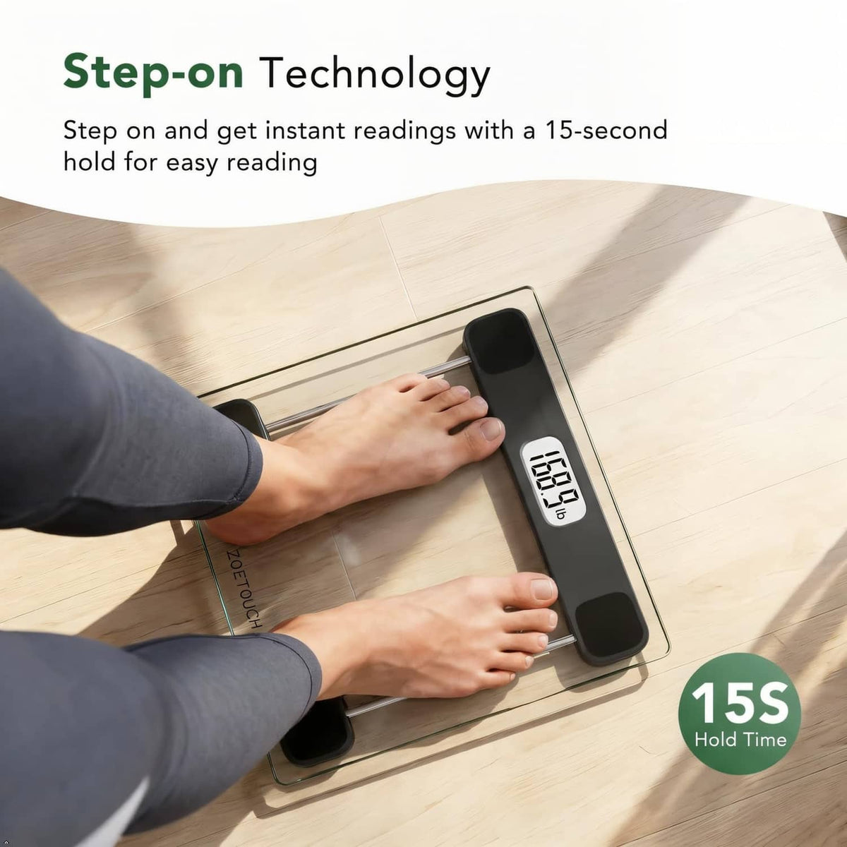 Digital bathroom scale showing weight on LCD as feet stand on the platform