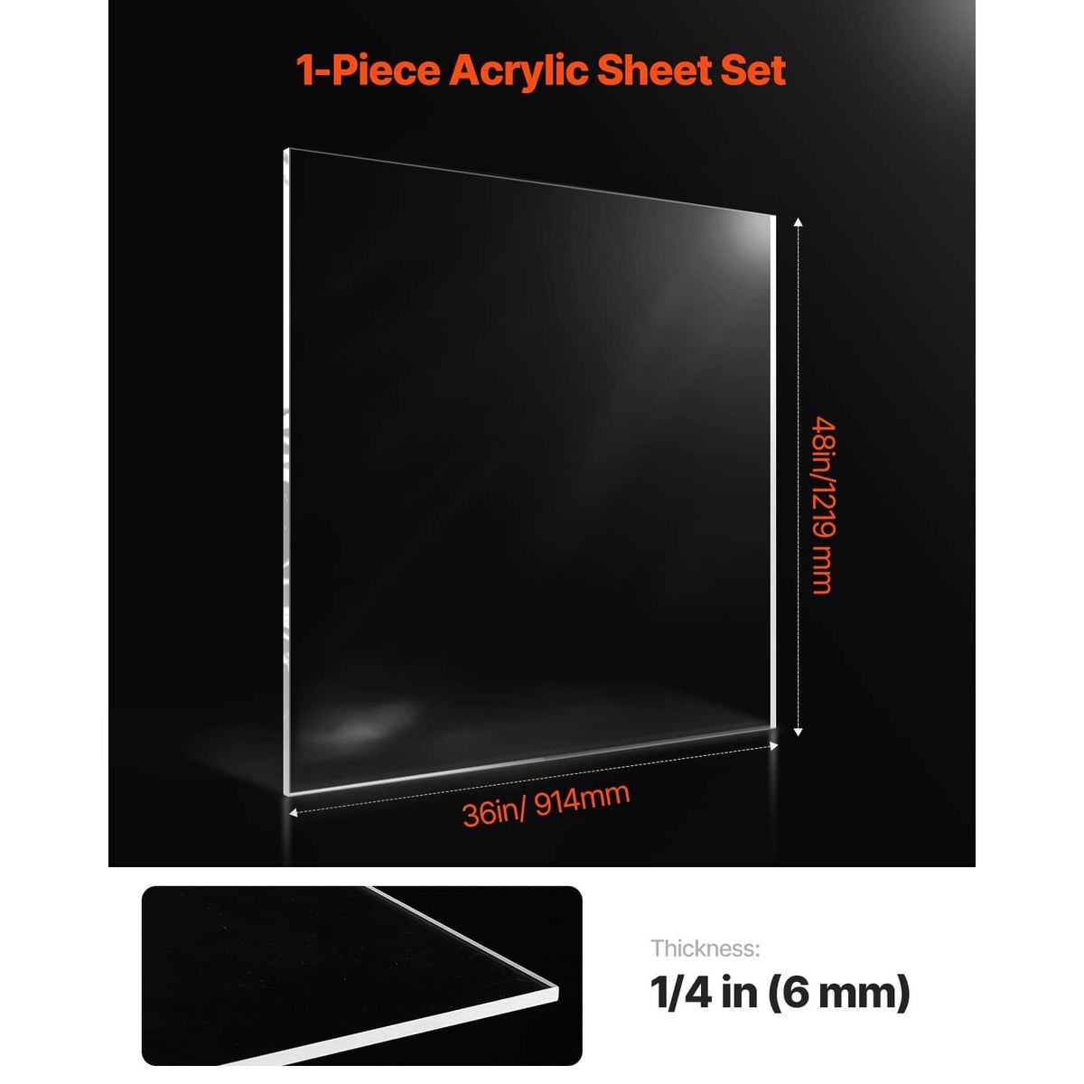 Clear acrylic sheet panel, rectangular, 1/4 in thick