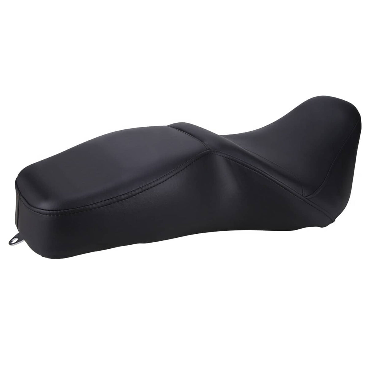 Black two-up motorcycle seat, angled side view with smooth padded profile