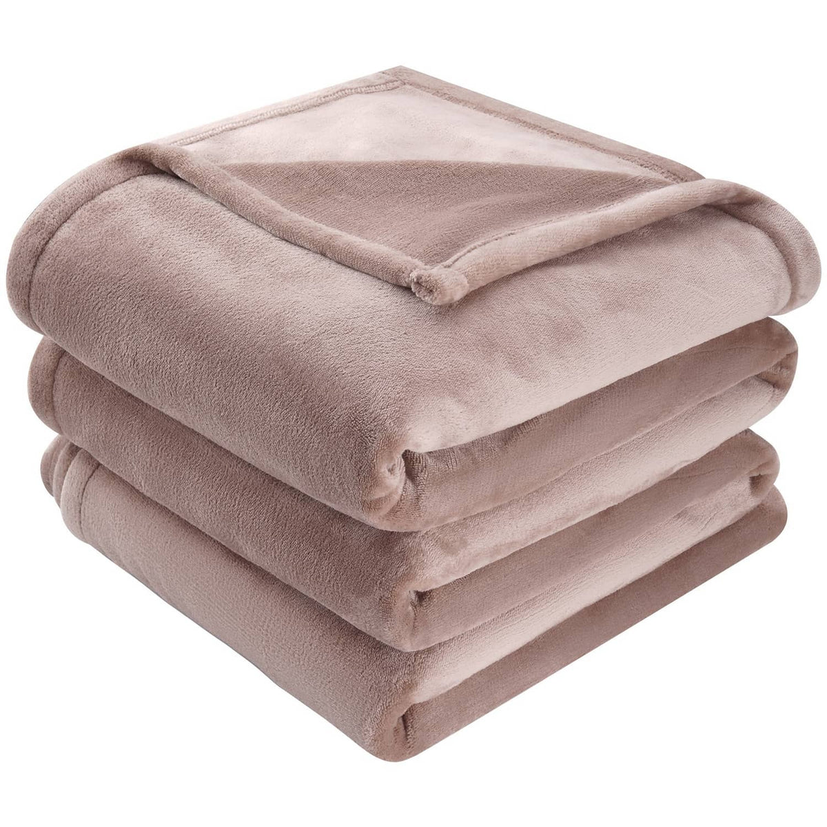 Taupe plush throw blanket folded into square stack, corner edge visible