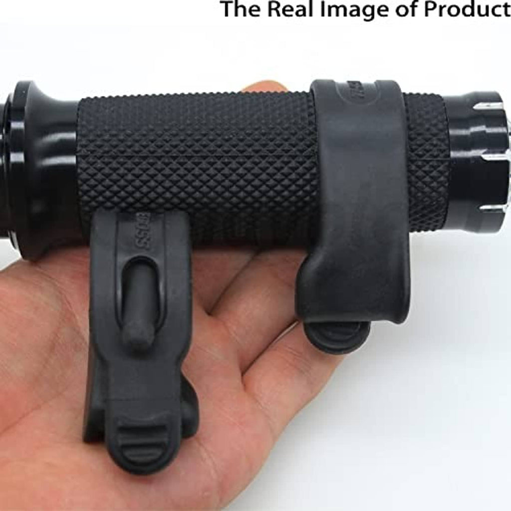 Textured black throttle assist grip with clamp lever, held in hand for detail view.
