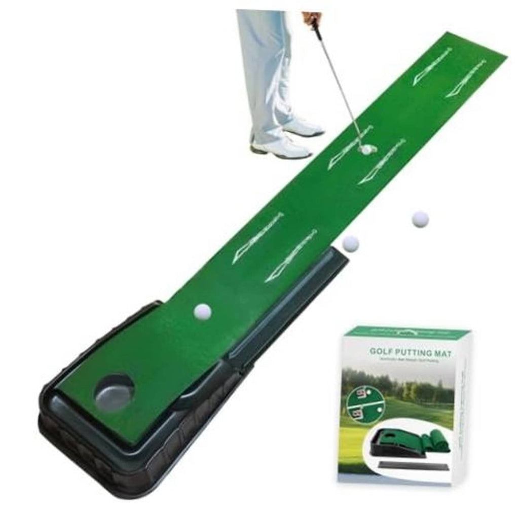 Indoor golf putting mat with green turf and black auto ball-return tray, with golf balls
