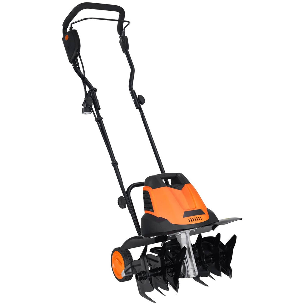 Orange and black electric tiller with long handle, front wheel, and rotating tine blades