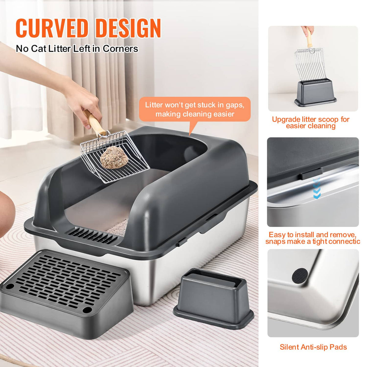 Curved cat litter box design with interior scooping grate and scoop accessory