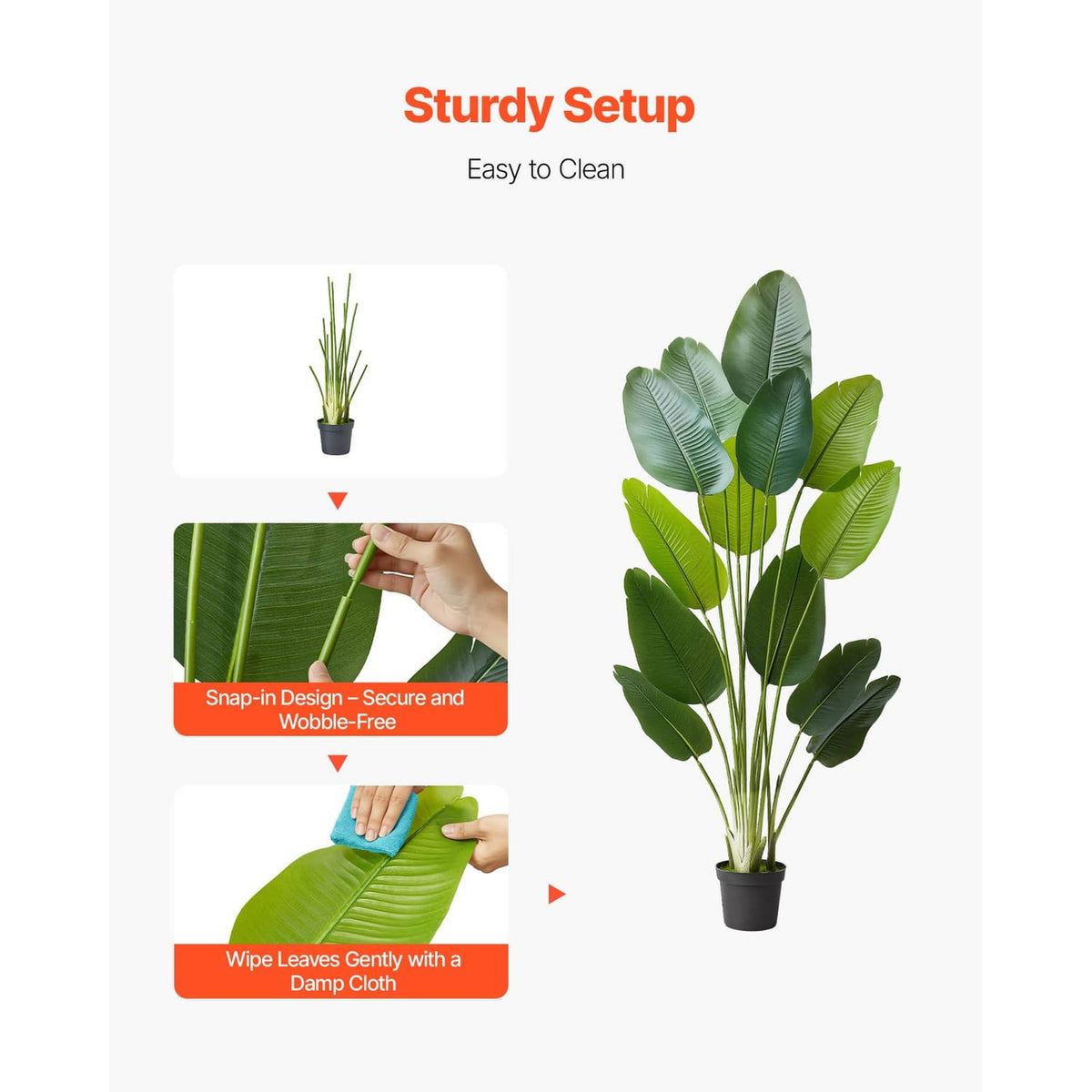Artificial bird of paradise tree with green leaves, secured in a black pot