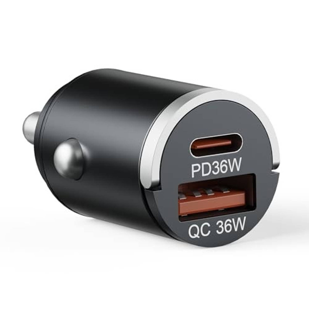 Black dual USB car charger with USB-C PD36W and QC36W outlets on front face