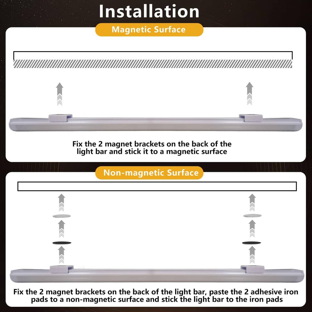 LED light bar installation with magnetic mounts and adhesive iron pads