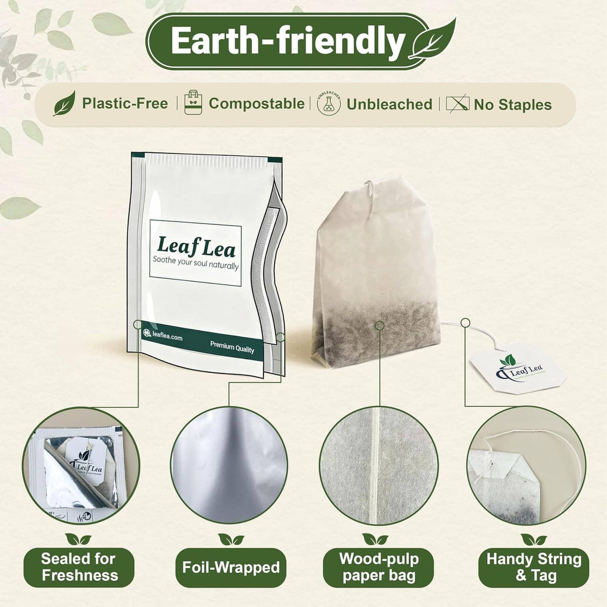 Earth-friendly hibiscus tea bag packaging showing compostable and unbleached features