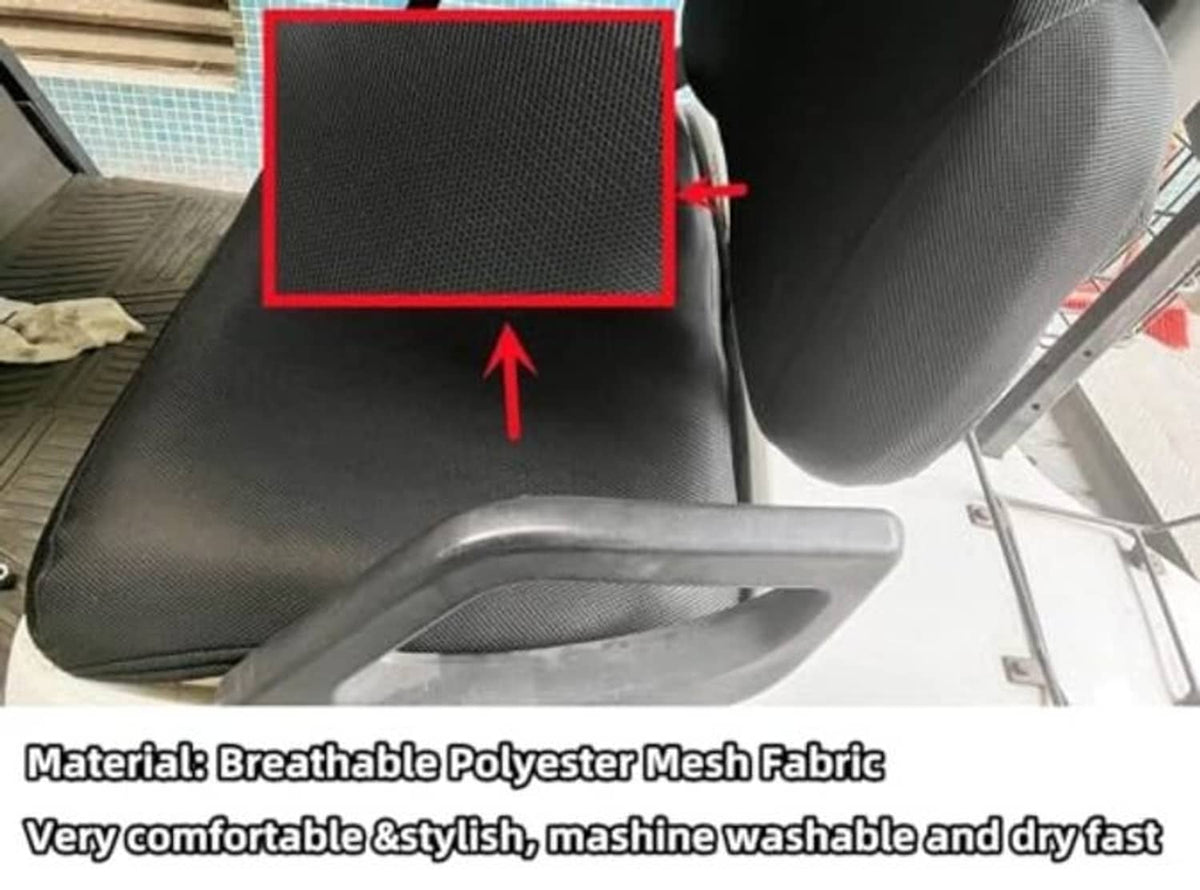 Close-up of black breathable polyester mesh seat cover fabric with contoured shape