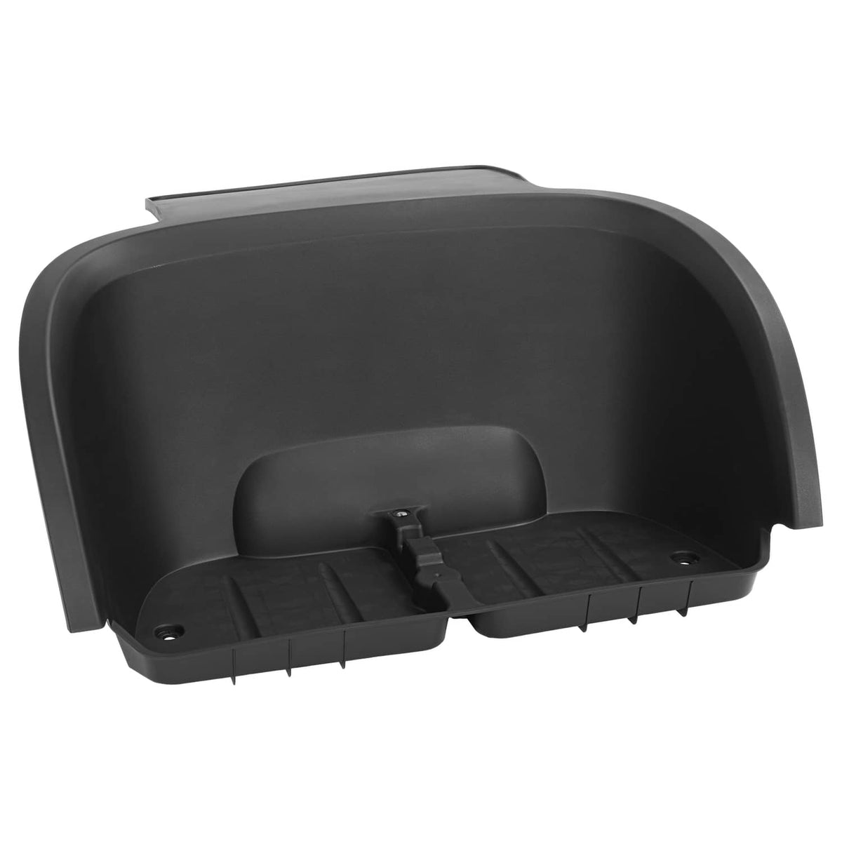 Black plastic golf cart rear bagwell cover with ribbed bottom and side cutouts