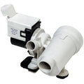 Washer drain pump assembly with white motor and outlet hoses, compact plastic housing