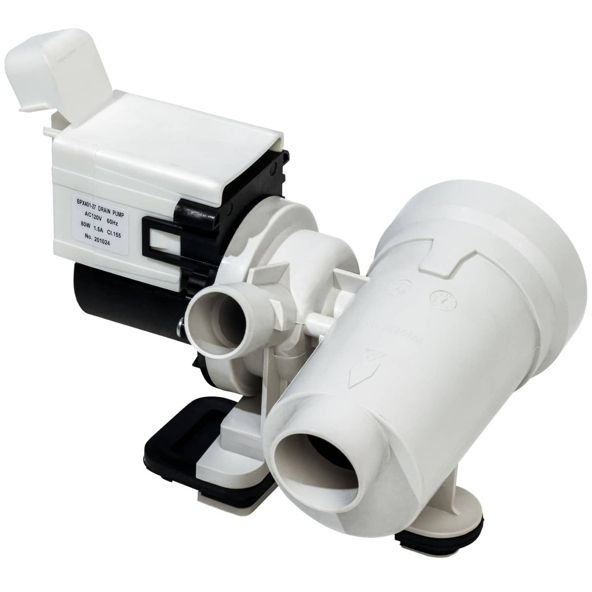 Washer drain pump assembly with white motor and outlet hoses, compact plastic housing