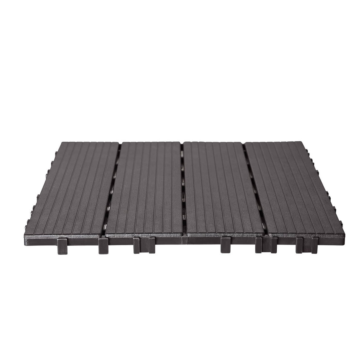 Set of interlocking deck tiles in dark brown with ridged slats and tabs